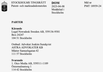 Dom PMT 18959-24 - stäming Lexbase mot Oico Media och Carl Sundevall