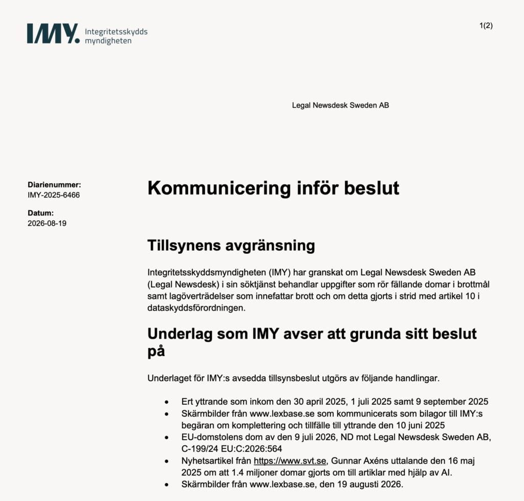 IMY Lexbase kommunicering innan beslut om tillsyn