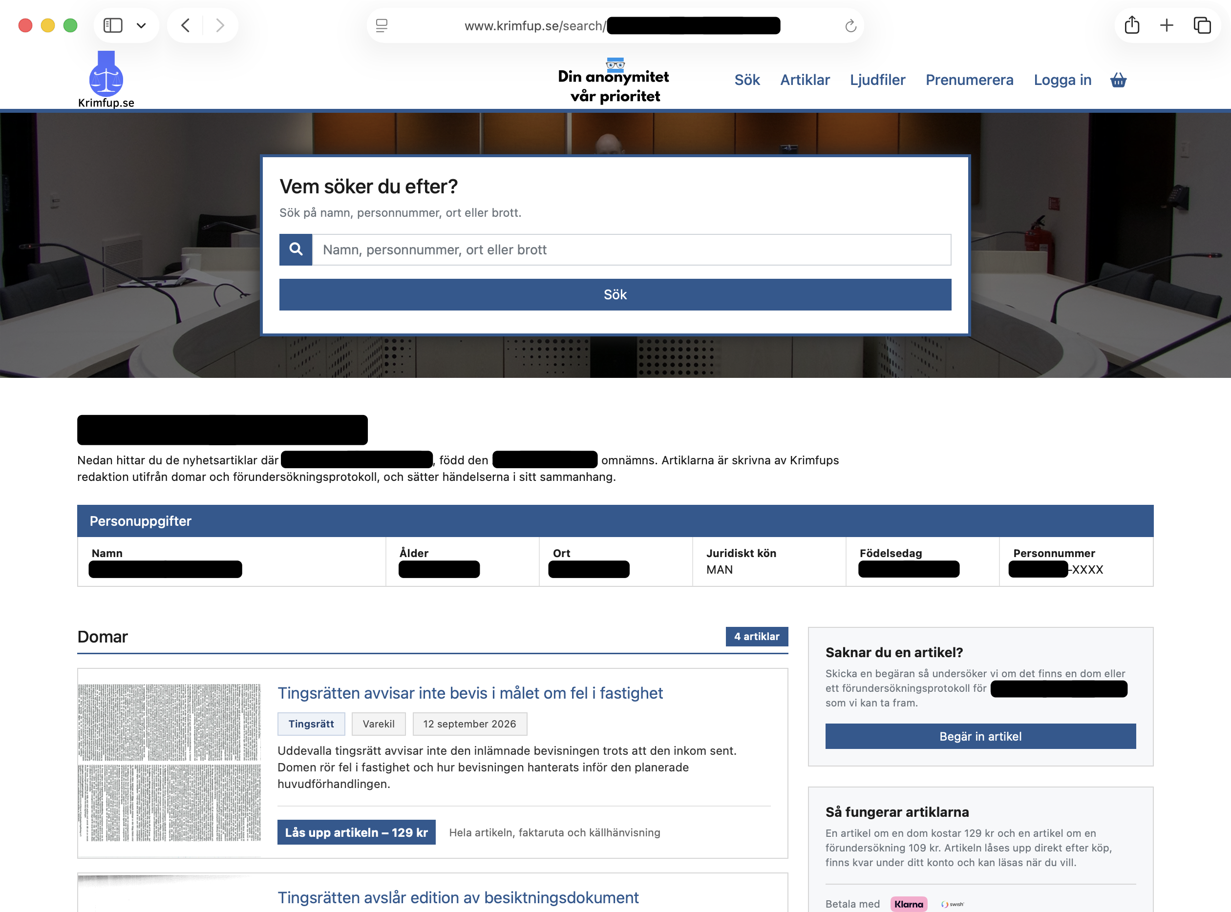 Profilsida på nya Krimfup med personuppgifter och sammandrag av domar