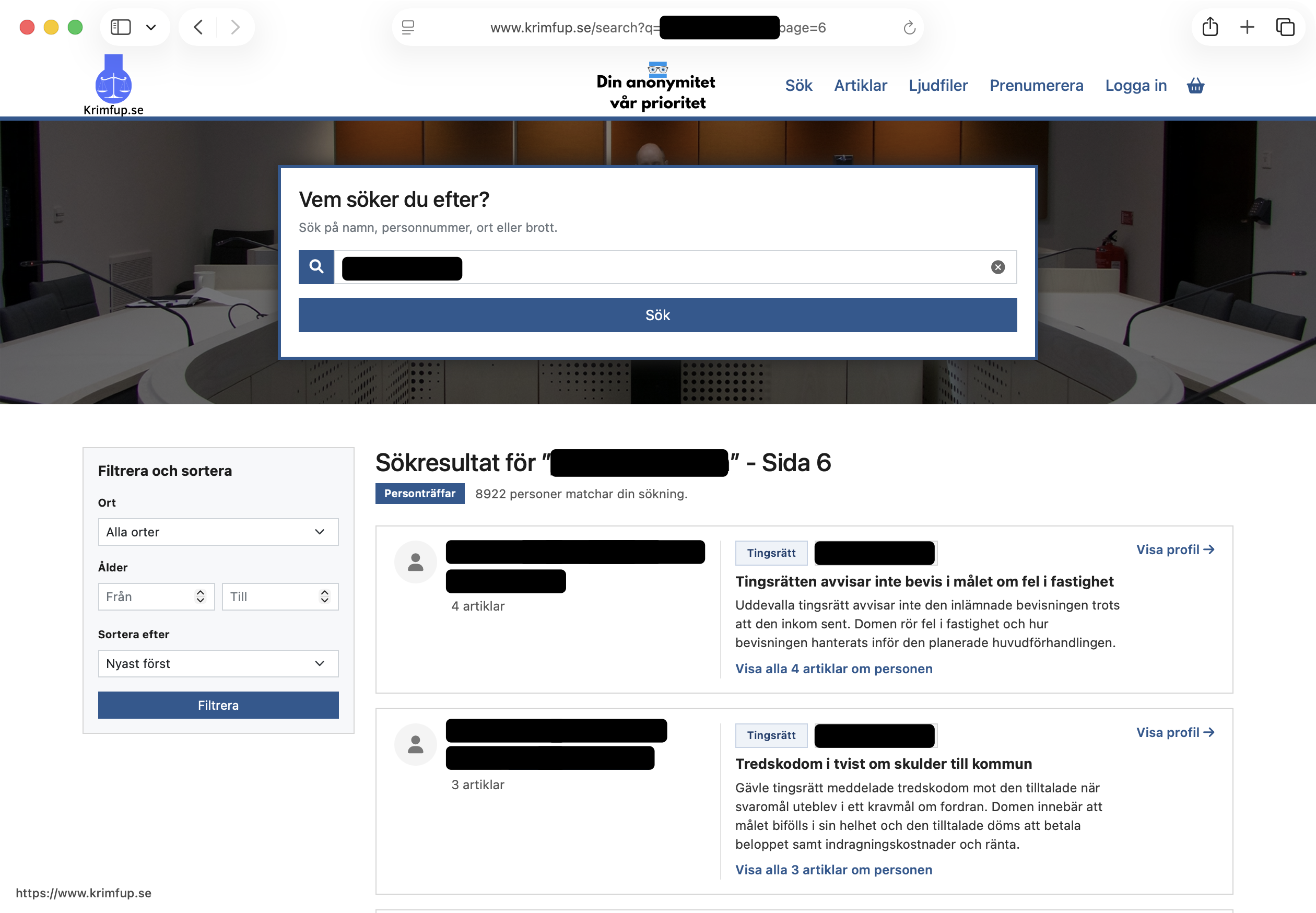 Träfflista på nya Krimfup med sammandrag per person
