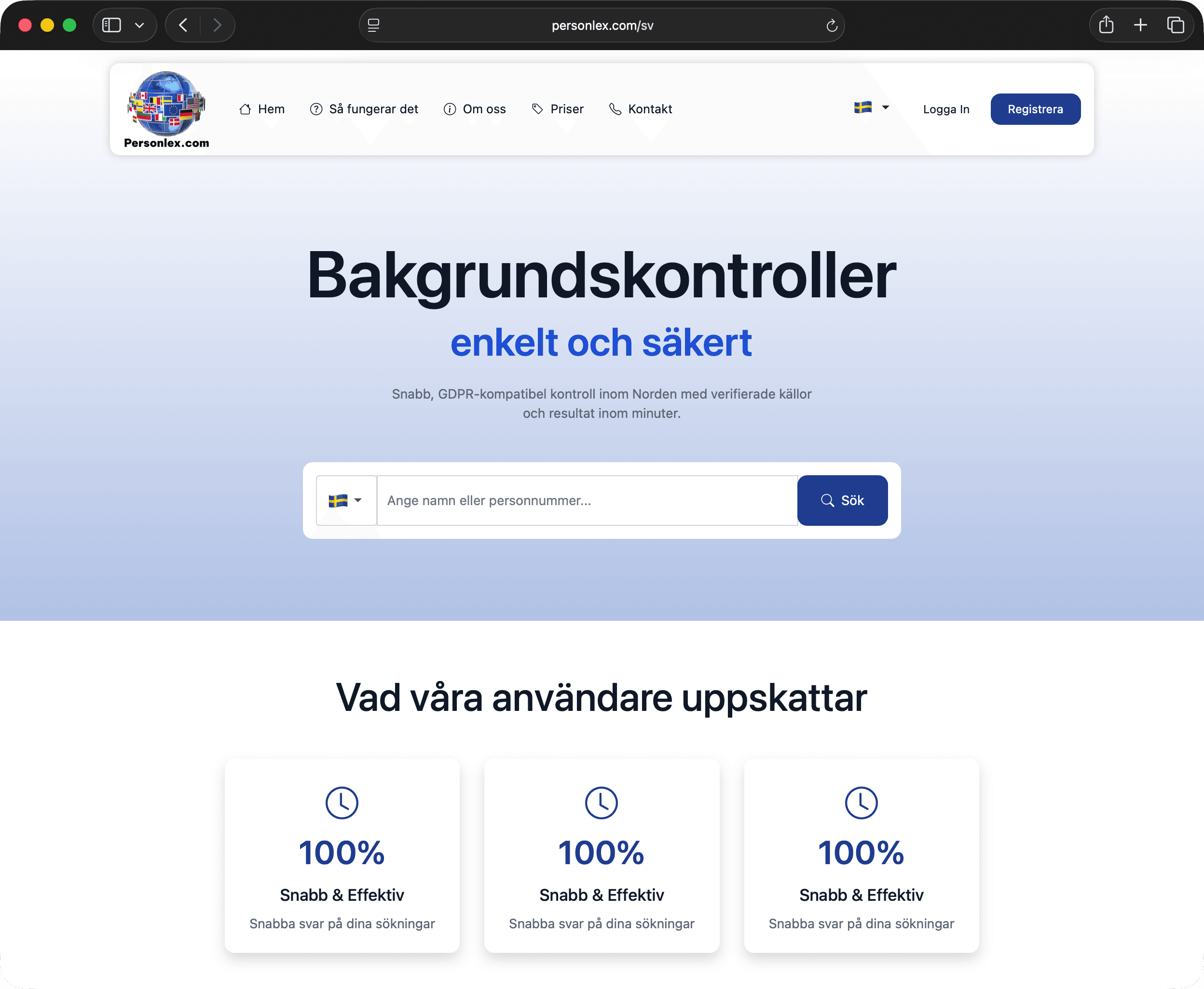 Startsidan på personlex.com med tre identiska rutor som anger 100 procent
