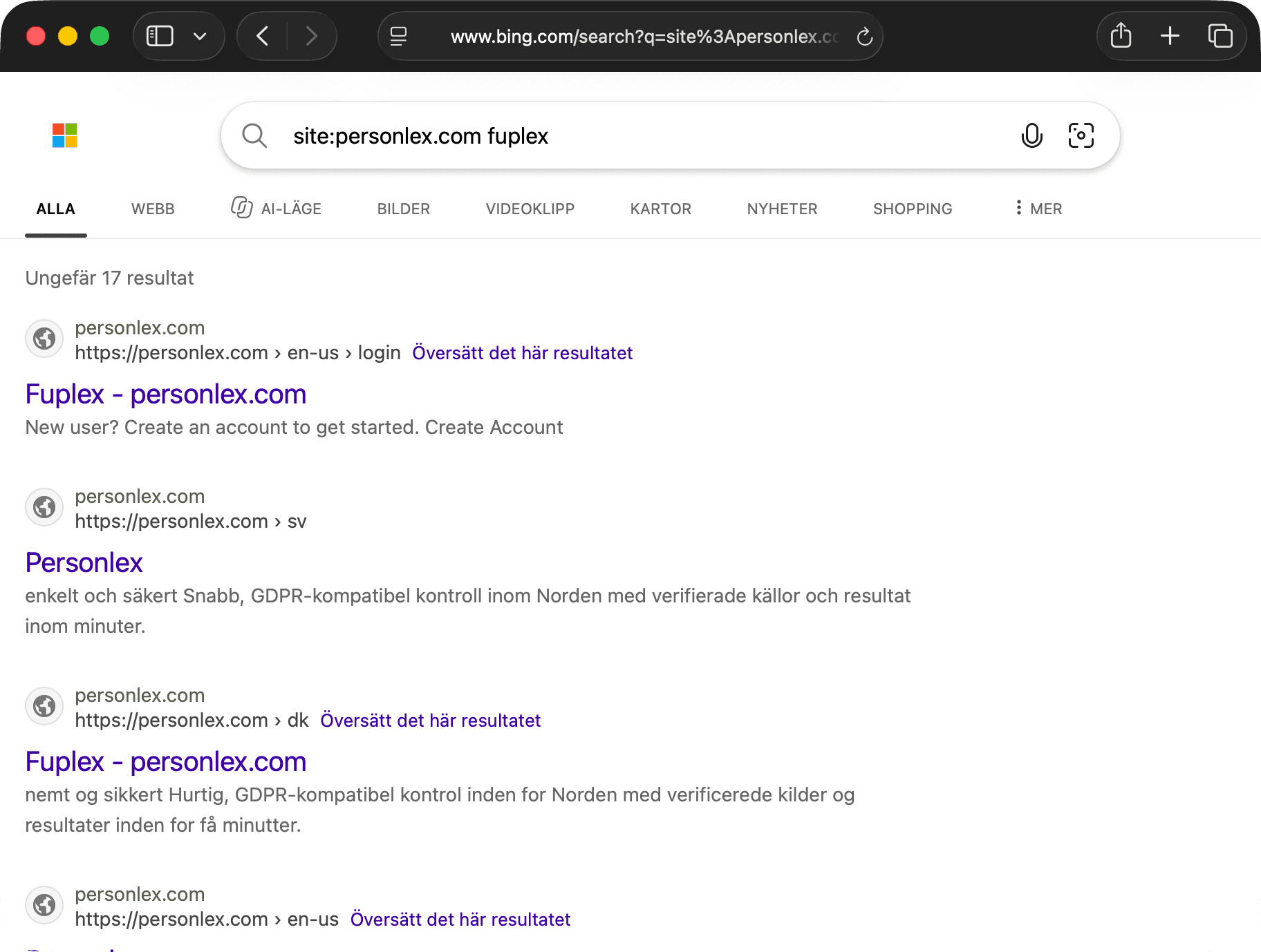Sökresultat för personlex.com i Bing