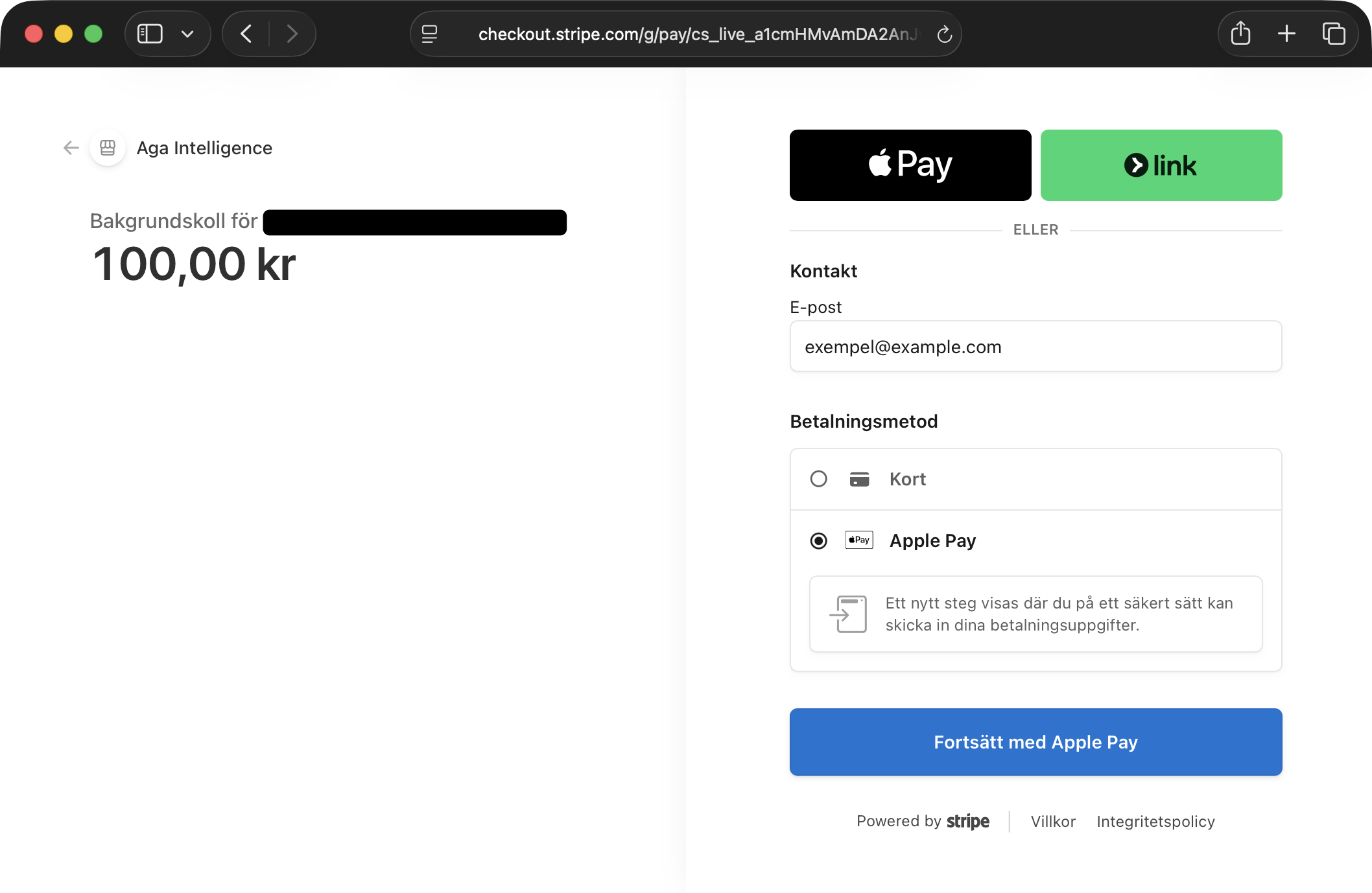 Stripe-kassan för en bakgrundskontroll på Personlex, utan ruta för samtycke eller villkor